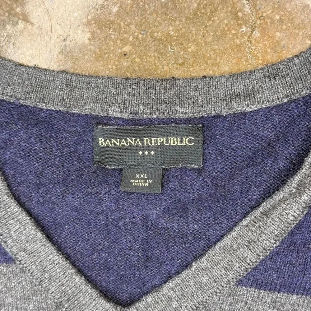 Banana Republic Men's XXL‎ Striped V Neck Sweater Blue Gray Cotton Wool Knit